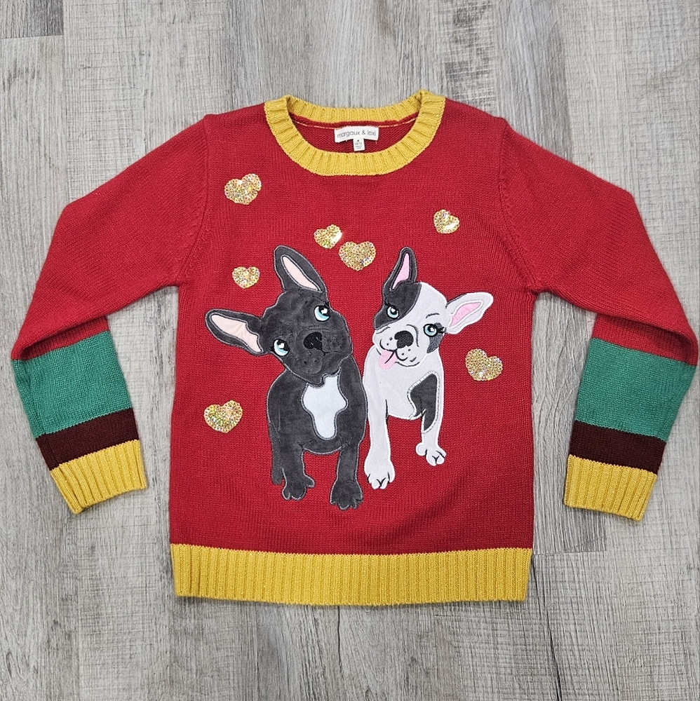 Red Girl Sweater Frenchie Bulldog Boston Terrie Dog Gold Sequin Hearts Sz 10/12